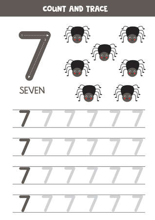 Numbers tracing practice. Writing number seven. Cute spider.のイラスト素材