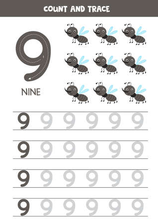 Numbers tracing practice. Writing number nine. Cute gnat.のイラスト素材