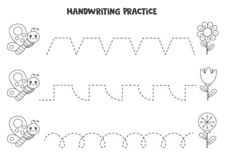 Tracing lines with black and white butterfly and flowers. Writing practice.のイラスト素材