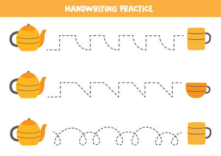 Tracing lines for kids with tea pot and mugs. Handwriting practice for children.のイラスト素材