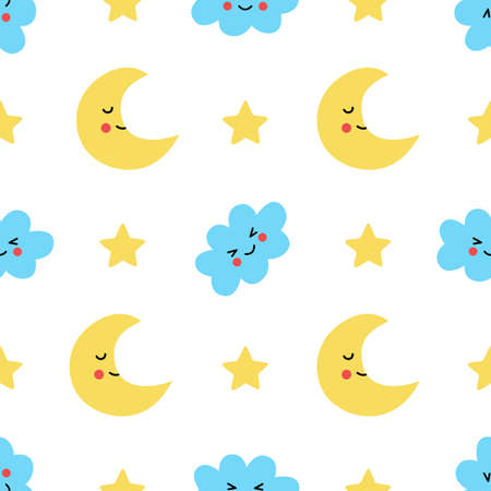 Seamless pattern with cute kawaii crescent and clouds on white background.のイラスト素材