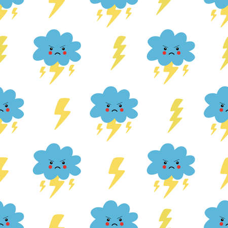 Seamless pattern with angry thundercloud and lightnings on white background.のイラスト素材