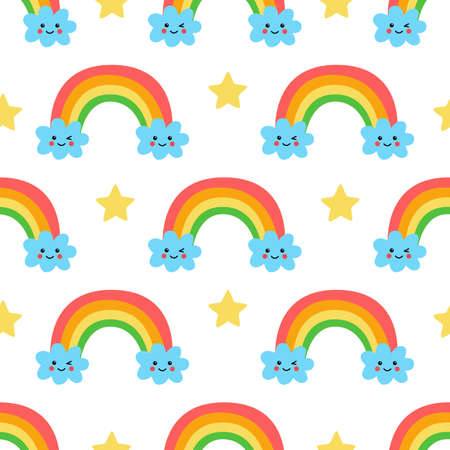 Seamless pattern with cute rainbow and clouds on white background.のイラスト素材