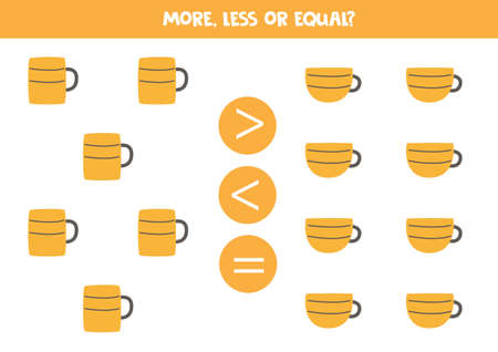 More, less, equal with cute mugs and cups. Math game for kids.のイラスト素材