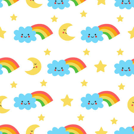 Seamless pattern with cute rainbow cloud and stars on white background.のイラスト素材