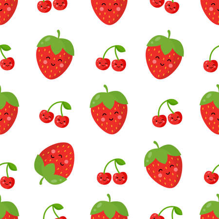 Seamless pattern with cute strawberry and cherry on white background.のイラスト素材