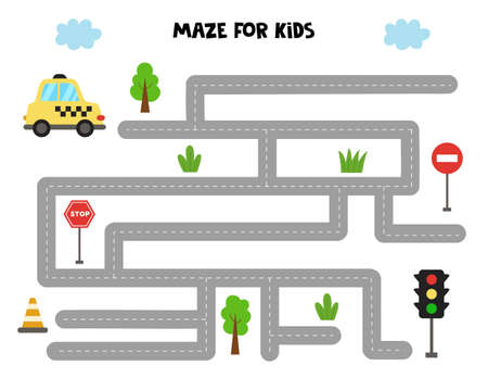 Maze with cartoon taxi cab and traffic lights. Logical game for kids.のイラスト素材