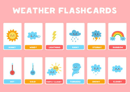 Flashcards for kids with cute weather events. Vector illustration of weather phenomenon.のイラスト素材