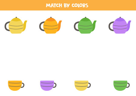 Color matching game for preschool kids. Match kitchen tea pots and tea cups.のイラスト素材