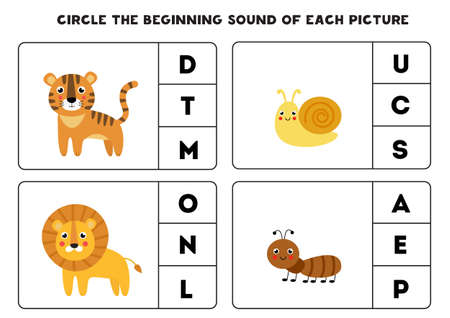 Circle the beginning sound of each picture. Educational game for kids.のイラスト素材
