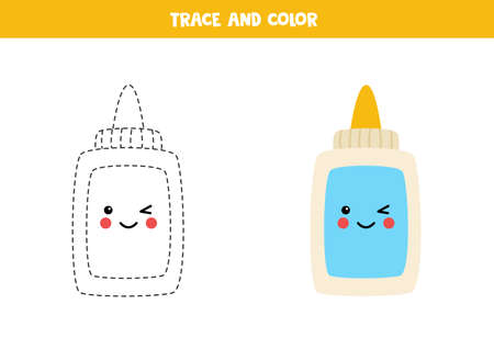 Trace and color cute kawaii glue. Educational game for kids. Writing and coloring practice.のイラスト素材