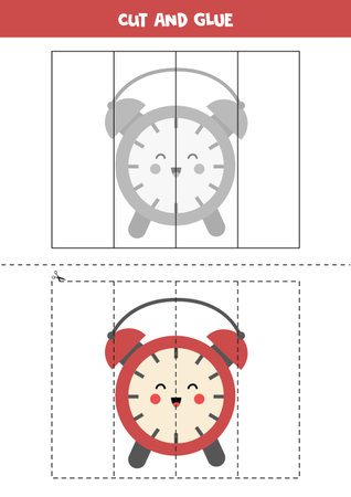 Cut and glue game for kids with cute kawaii alarm clock. Cutting practice for preschoolers.のイラスト素材