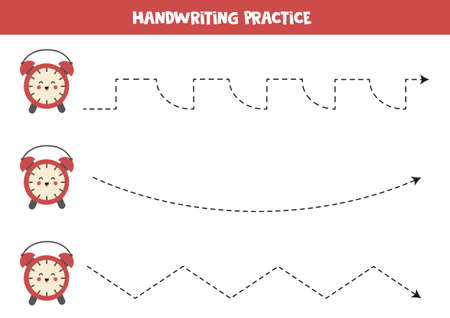 Tracing lines for kids with cute red alarm clock. Back to school worksheet.のイラスト素材