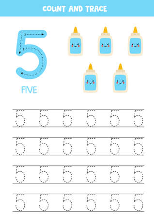 Tracing number 5. Handwriting practice for kids with glue tubes.のイラスト素材