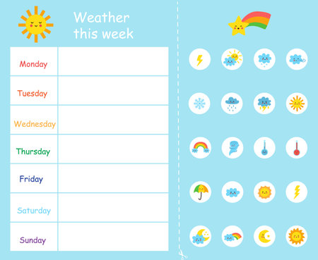 Weather chart. Weather this week template for kids.のイラスト素材