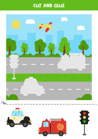 Cut and glue parts of picture. Transport cityscape. Cutting practice for preschoolers.のイラスト素材