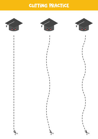 Cutting practice for preschool kids. Cut by dashed line. Cute bachelor cap.のイラスト素材