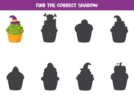 Find right shadow of Halloween cupcake. Educational logical game for kids.のイラスト素材