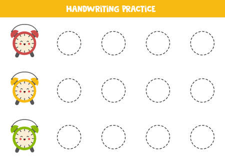 Tracing contours for kids with cute colorful alarm clocks. Handwriting practice.のイラスト素材