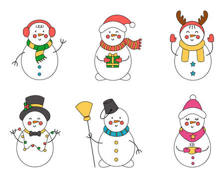 Set of cute cartoon snowmen. Vector collection for Christmas.のイラスト素材
