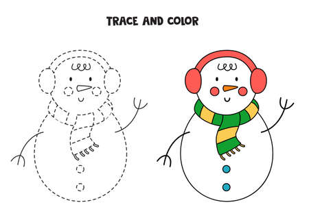 Trace and color cute Christmas snowman. Educational game for kids. Writing and coloring practice.のイラスト素材