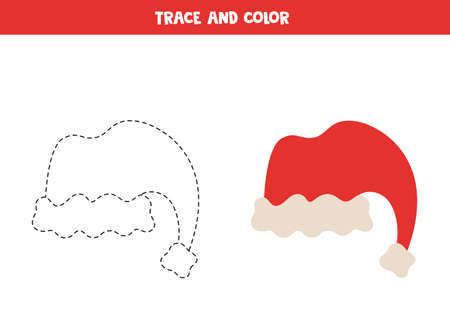 Trace and color cute red Santa cap. Educational game for kids. Writing and coloring practice.のイラスト素材