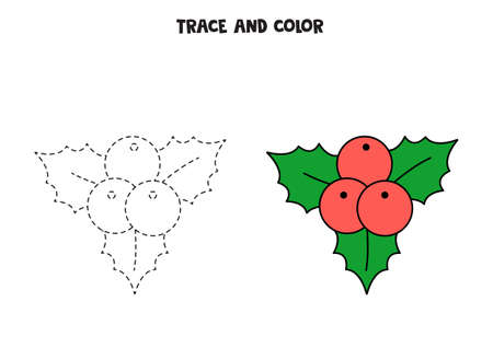 Trace and color Christmas holly. Educational game for kids. Writing and coloring practice.のイラスト素材