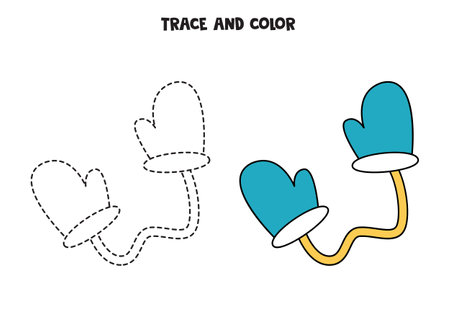 Trace and color cute blue mittens. Educational game for kids. Writing and coloring practice.のイラスト素材