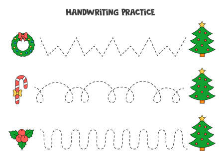 Tracing lines for kids with Christmas tree and holly. Handwriting practice.のイラスト素材