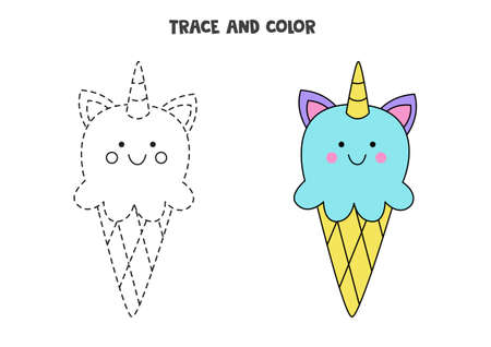 Trace and color cute unicorn ice cream. Educational game for kids. Writing and coloring practice.のイラスト素材