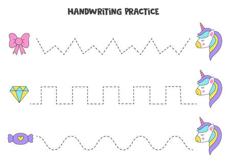 Tracing lines for kids with cute unicorn elements. Handwriting practice.のイラスト素材