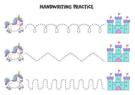 Tracing lines for kids with cute unicorn and castle. Handwriting practice.のイラスト素材