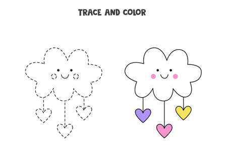 Trace and color cute cloud with hearts. Educational game for kids. Writing and coloring practice.のイラスト素材