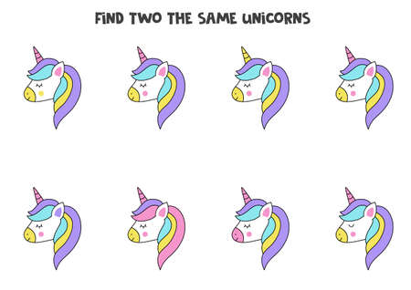 Find two the same cute unicorns. Educational logical game for kids.のイラスト素材