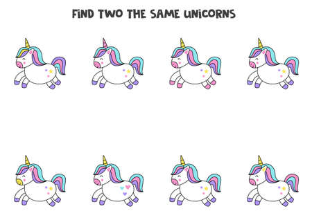 Find two the same cute unicorns. Educational logical game for kids.のイラスト素材