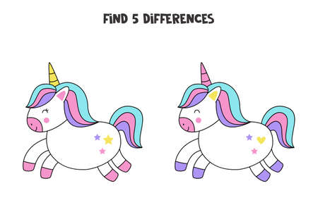 Find three differences between two pictures of cute unicorn.のイラスト素材