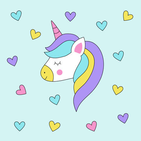 Cute cartoon unicorn card with hearts on blue background.のイラスト素材