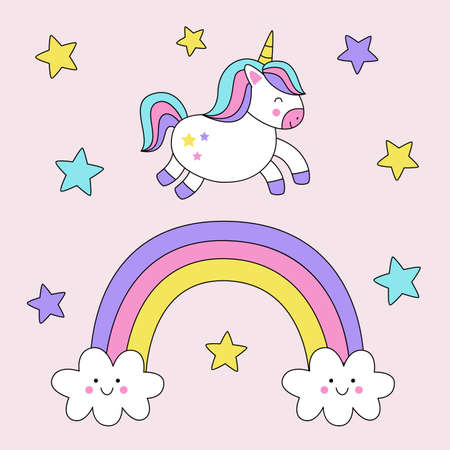Cute cartoon unicorn card with rainbow and stars.のイラスト素材
