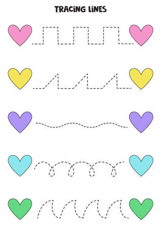 Tracing lines for kids with cute colorful hearts. Handwriting practice.のイラスト素材