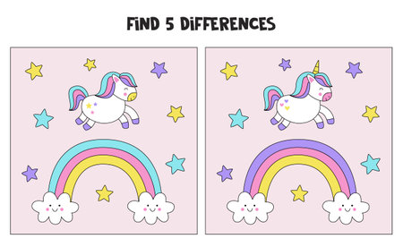 Find 5 differences between two cute unicorn pictures.のイラスト素材