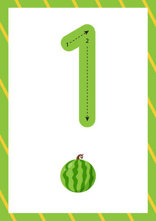 Cute flashcard how to write number one. Worksheet for kids.のイラスト素材