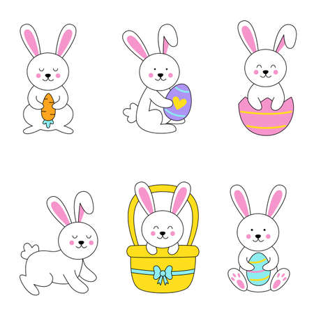 Set of cute Easter rabbits in cartoon style.のイラスト素材