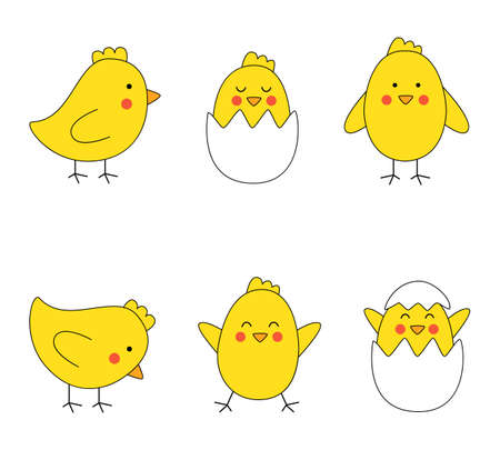 Set of cute Easter chickens in cartoon style.のイラスト素材