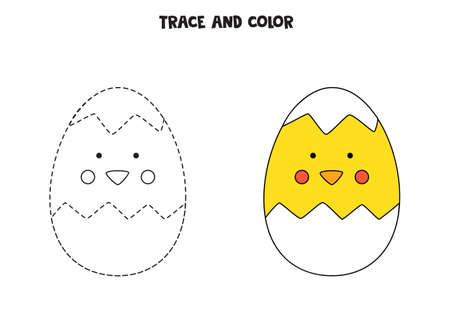 Trace and color cute baby chicken from egg. Worksheet for children.のイラスト素材