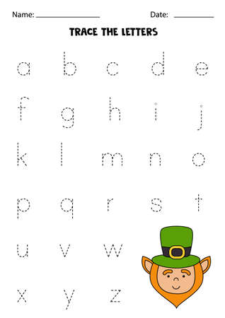 Tracing lowercase letters of alphabet. Worksheet with cute leprechaun.のイラスト素材