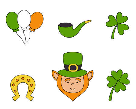 Set of Saint Patricks Day symbols in cartoon style on white background.のイラスト素材