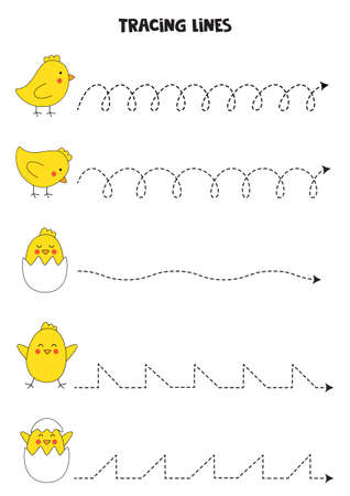 Tracing lines with cute Easter chicks. Writing practice.のイラスト素材