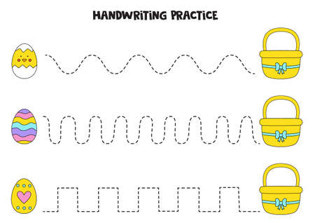 Tracing lines with cute Easter eggs and baskets. Writing practice.のイラスト素材