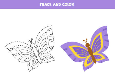 Trace and color cute butterfly. Worksheet for children.のイラスト素材