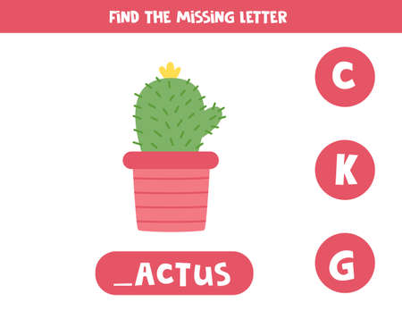 Find missing letter. Cartoon cactus in pot. Educational spelling game for kids.のイラスト素材
